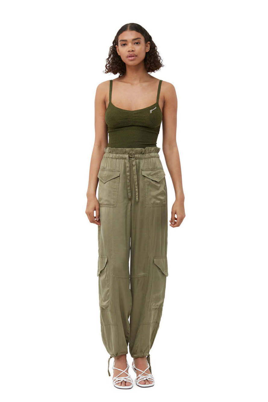 Ganni Washed Satin Pants - Aloe
